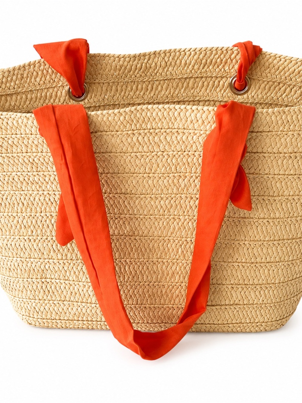 Straw Tote Bag with Orange Handles - Women Bags